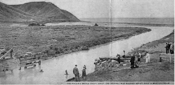 Remains of the Pouawa bridge, decking was later found about 800 metres upstream. Photo: Tairāwhiti Museum, Te Whare Taonga O Te Tairāwhiti 