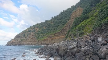 The cliffs that surround Raoul Island make sea access difficult, this photo was taken from the rocky location of GeoNet's tsunami sensor at Fishing Rock.