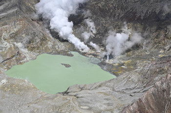 View of the active vent area producing moderate steam and gas emission, 16 January 2023.