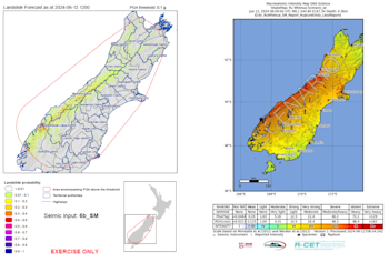 RCET powered landslide hindcast map and Shaking Layers map produced for the Rū Whenua exercise