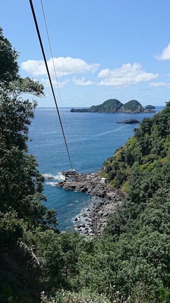 The Fishing Rock 'foxway', a flying fox contraption that enables equipment to be transported up the cliff from the rudimentary wharf below.