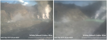View from North Rim camera on Sunday September 18 (left) showing brown ash emission from an active vent, and Wednesday September 28 (right) when no ash was present. 