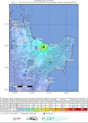 Shakemap for the M4.8 earthquake, on Saturday 18 March at 4:46am.