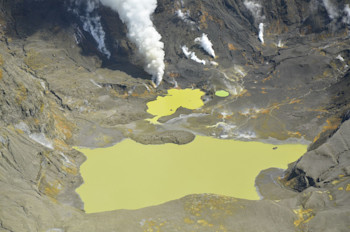 Aerial view of the Main Crater at Whakaari/White Island showing the active vent and crater lakes.  Taken Oct 2021