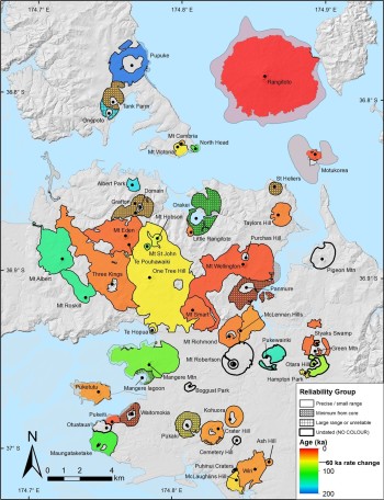 Auckland Volcano map agesVolcanic products of the Auckland Volcanic Field centres, coloured by their interpreted ages. (after Leonard et al. 2017)