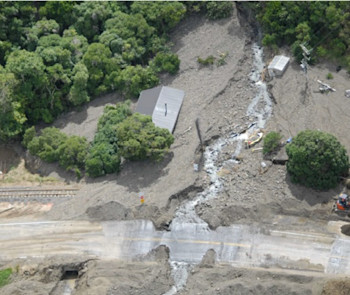 Debris flow at Rosy Morn, south of Kaikoura township. (Source: GNS Science.)