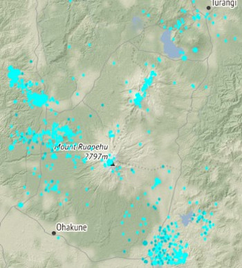 Earthquakes located in Tongariro National Park during 2020, less than 20 km deep. 