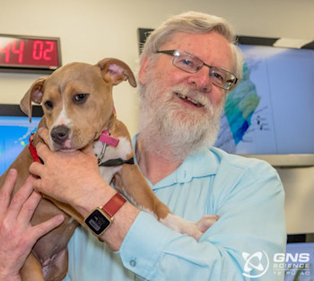 Ken and an #EmergencyCute SPCA puppy visiting GeoNet after the Kaikoura Earthquake