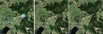 Earthquake locations in the last year (313), month (22) and week (6) near Taupo.