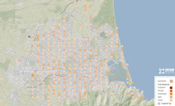 Zoomed in map of felt reports from a M4.0 earthquake north of Christchurch in September. 