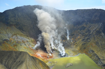 Aerial view of the active vents at Whakaari / White Island showing the dilute ash column and the new crater with dark grey muds around it. Bright colours are hydrothermal minerals precipitated in the lake and on the ground