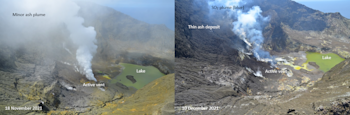 View of the active vent area at Whakaari/White Island on 18 November (left) and 10 December 2021 (right). Click to make it bigger.