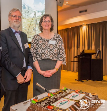 Ken at GeoNet's 15th birthday party (with Earth Structure and Processes Manager Gill Jolly)