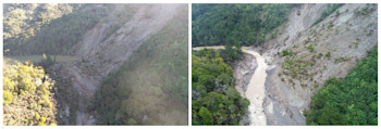 Kaiwhata River dam on 6 June, and again on the 14 June after the dam has failed. 