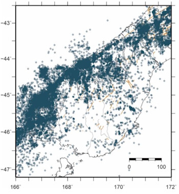 Crustal earthquakes (0-19 km depth) in the Fiordland region 2001-2011.