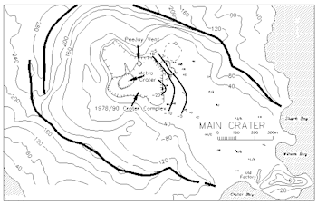 Figure 1. Sketch map of the crater area showing the position of the vents and ground deformation contours (in mm).