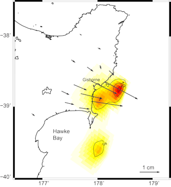 Slow-slip movement model showing direction of movement of GeoNet GPS sites and amount of displacement at the plate boundary. So far we’ve recorded 10-15 cm of movement at the red area.