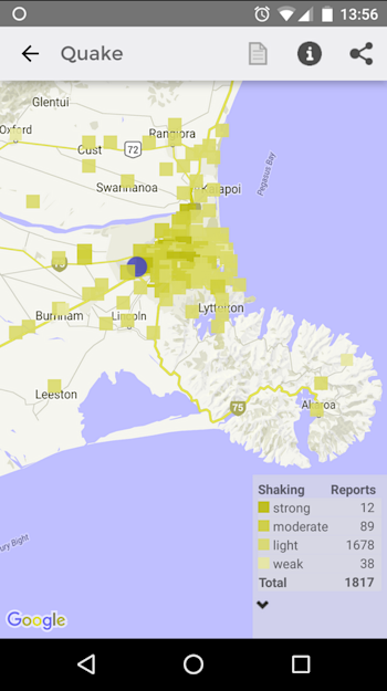 Deuteranopia view of the Christchurch 4.1 quake as the app is configured currently.