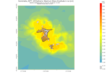 Earth Sciences New Zealand deep-ocean tsunami amplitude forecast map showing pattern of tsunami energy distribution across the Chatham Islands 