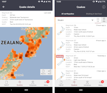 Screenshots from the updated GeoNet app