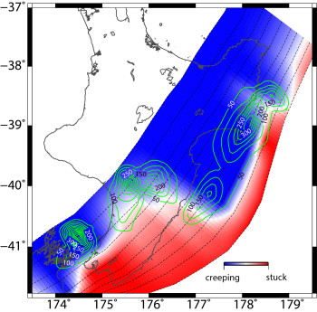The ‘stuck’ (red) and ‘creeping’ (blue) sections of the Hikurangi subduction zone.