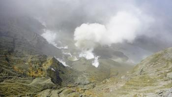 View on 16th November 2020 of steam, gas, and ash emission from the 2019 primary vent area of the Whakaari/White Island crater. Image credit: GNS Science