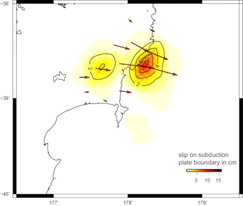 Slow-slip movement model showing direction of movement of GeoNet GPS sites and amount of displacement at the plate boundary.