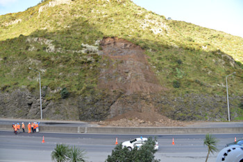 Photo of the Ngauranga Gorge landslide (Photo W. Ries, GNS Science).