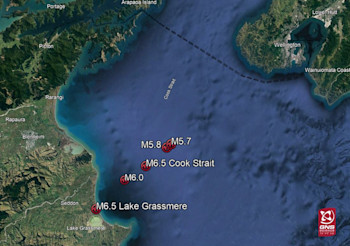 Locations of the five largest quakes