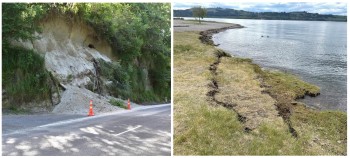 Left: Following several days of moderate rainfall, many small slips such as these ones on Mapara Road near Acacia Bay, were triggered by the M5.7 earthquake. Right: A possible underwater landslide at Wharewaka Point caused the shoreline to retreat by up to 20 m and may have generated a local tsunami that washed 40 m inland.