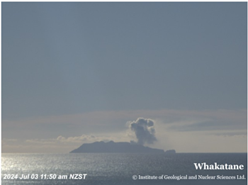 This image captured on Wednesday 3 July shows the plume of gas and water vapour drifting eastwards from Whakaari White Island. 
