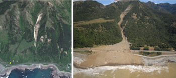 Before and after Gita near Paparoa Point, north of Kaikoura township. (Source: Google Earth and GNS Science.)