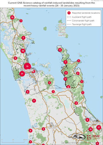 Figure 1: Locations and numbers of landslides reported in social media, news media and by various agencies. Map prepared by Kerry Leith, GNS Science. 