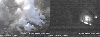 Views of the Whakaari/White Island crater from our West Rim camera during the day and night. 