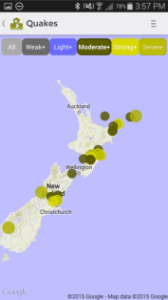 Deuteranopia view. There is no logical progression in the colour scheme as intensity increases. Moderate quakes stand out, and severe quakes blend in with the background map.