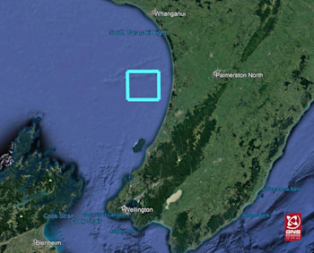 Aftershock forecast area shown by the blue square.