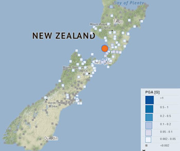 Map displaying the peak strong motion data recorded during the quake