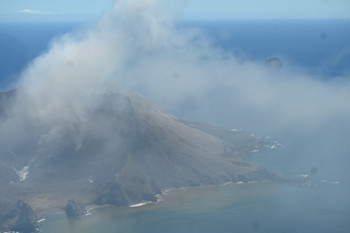 Image of Whakaari White Island on 14 December 2024 taken during the gas measurement flight. Showing the volcanic ash emission from the active vent and the gas and steam plume drifting down wind. 