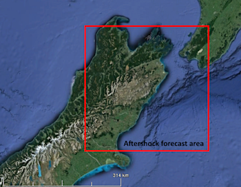 Map outlining the aftershock probability forecast area.