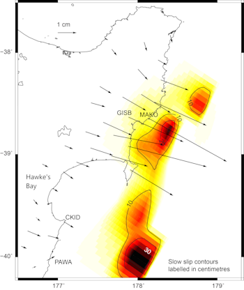 Slow-slip model - black arrows show horizontal displacement of GPS sites over the last month, and the colours represent estimated slow slip movement along the Hikurangi subduction plate boundary 