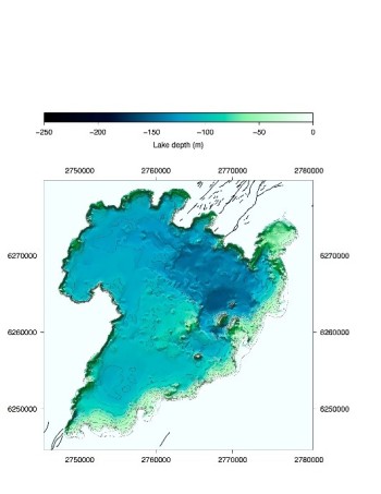 Bathymetry map of Lake Taupō showing the volcano vent structures under the lake.