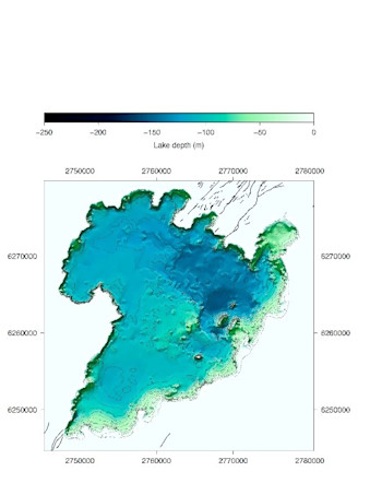 Bathymetry map of Lake Taupō showing the volcano vent structures under the lake.