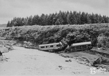 Railway carriages in Whangaehu River after the Tangiwai disaster