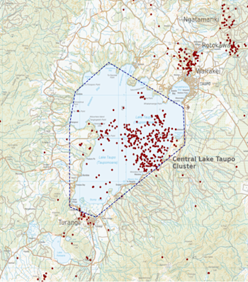 Earthquakes located by GeoNet in the Lake Taupō area from January 1 to July 21, 2022. All earthquakes shown here were located less than 30 km deep. There are just over 300 earthquakes shown on the map.