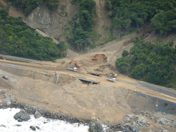 SH1 closed due to debris flow at Half Moon Bay, north of Kaikoura.