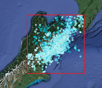 Earthquakes located 14/11/16 to 31/12/16 and the aftershock forecast area (red box).