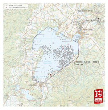 Figure 1: Earthquakes located by GeoNet in the Lake Taupō area from January 1 to September 25, 2022. Most earthquakes shown here were located between 4 and 13 km deep. There are also clusters of small earthquakes at geothermal fields in the Taupō area that are unrelated to the Taupō volcanic unrest.  Events since 19th September are shown as red dots. 