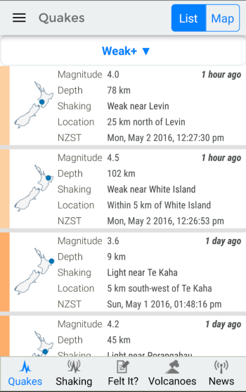 Quake List on our new app, which colour coding illustrative of magnitude / severity of shaking.  