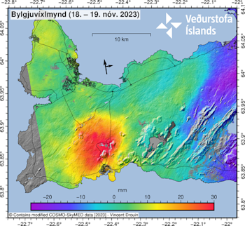 Satellite based observations (like COSMO-Skymed) are able to show areas where ground deformation is occurring, in this case uplift (in mm) as the molten material pushes towards the surface. Courtesy of Icelandic Met Office.