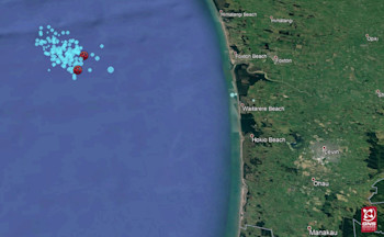 Mainshock (upper red circle) and aftershocks as at 13:00 May 26 2020